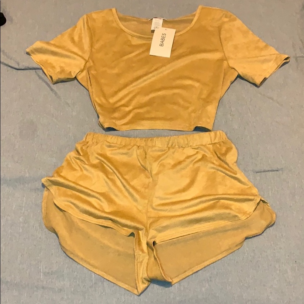 Suede crop top & booty shorts set